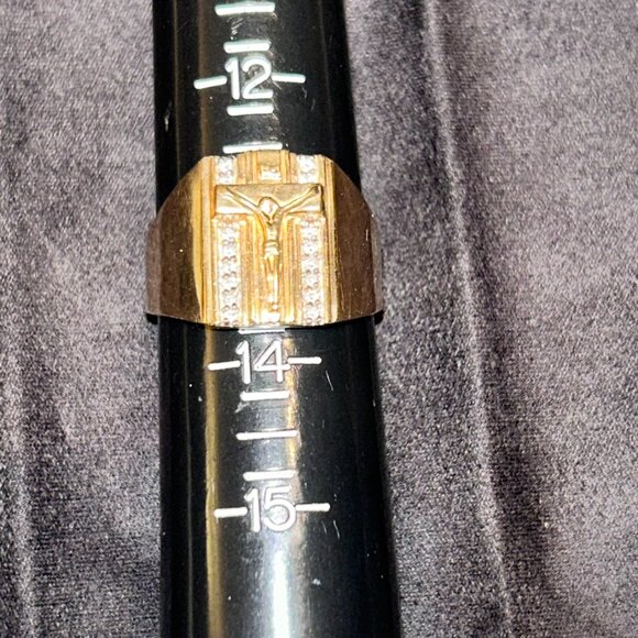 14K Yellow Gold Crucifix Ring with Diamond Accents, Size 13/13.5 - Picture 1 of 16